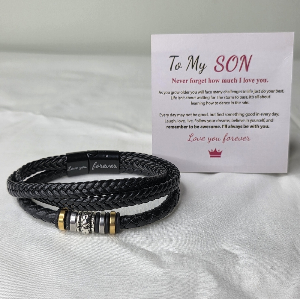 To My Son Black Braided Bracelet with Gold and Silver Accents.